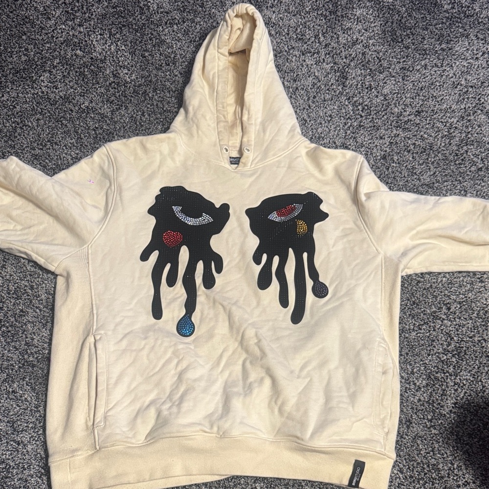 Cream Hoodie with Dripping Eye Design